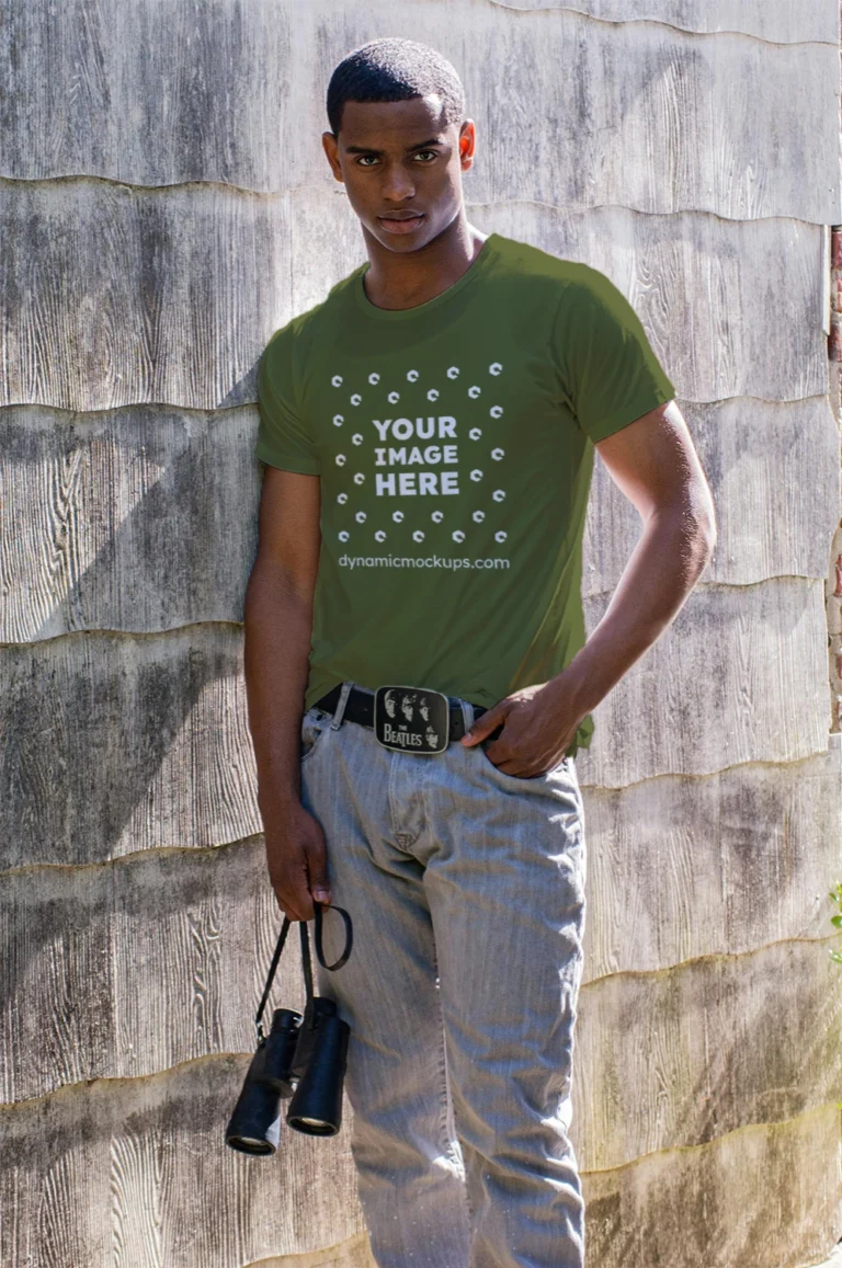 Man Wearing Olive Green T-shirt Mockup Front View Template