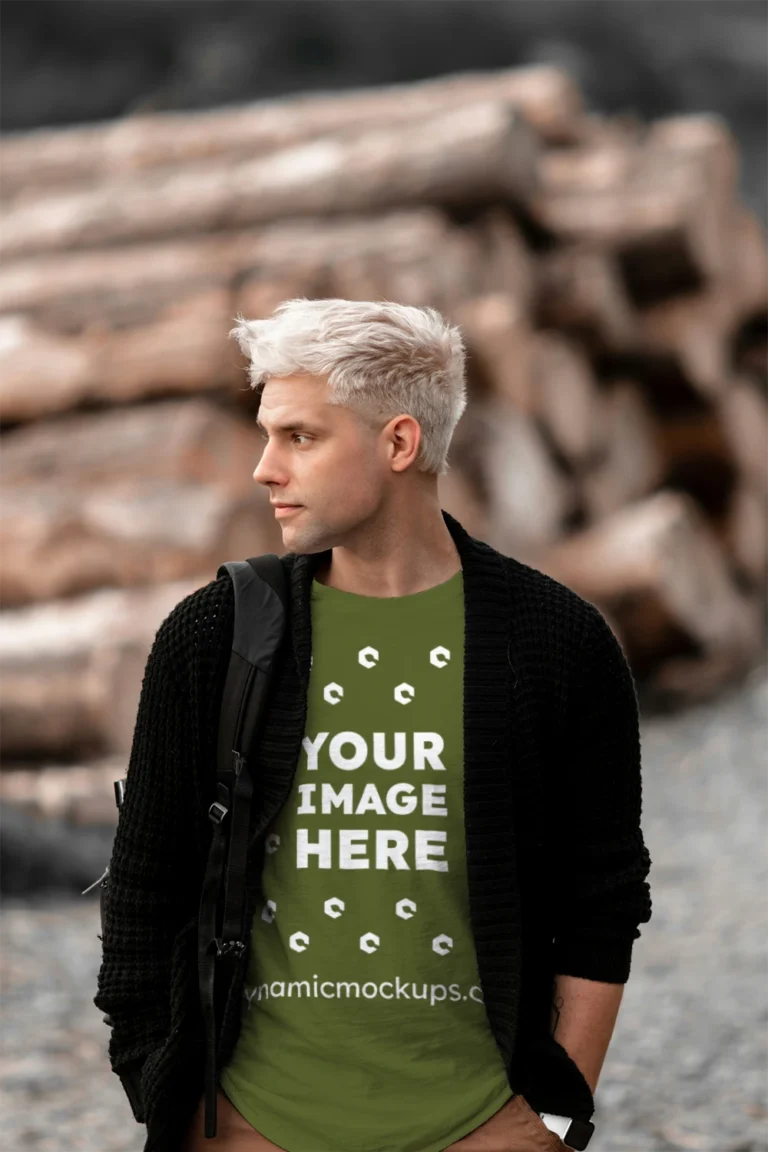 Man Wearing Olive Green T-shirt Mockup Front View Template