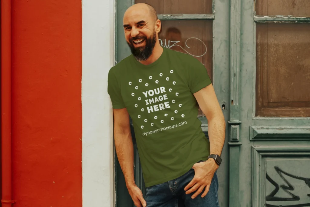 Man Wearing Olive Green T-shirt Mockup Front View Template