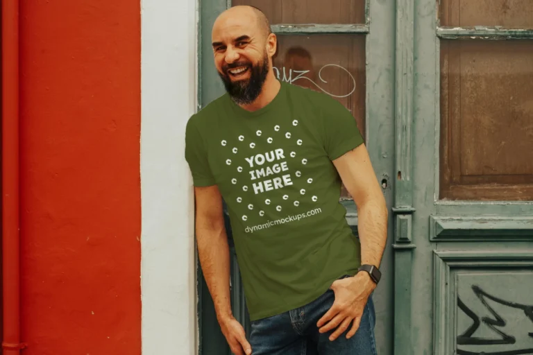 Man Wearing Olive Green T-shirt Mockup Front View Template