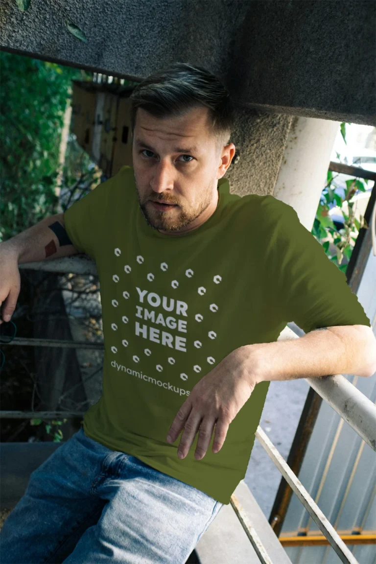 Man Wearing Olive Green T-shirt Mockup Front View Template