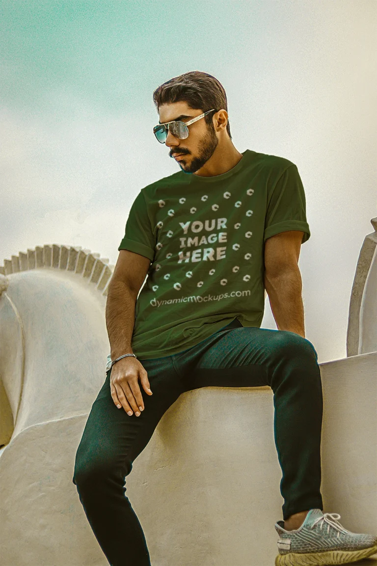 Man Wearing Olive Green T-shirt Mockup Front View Template