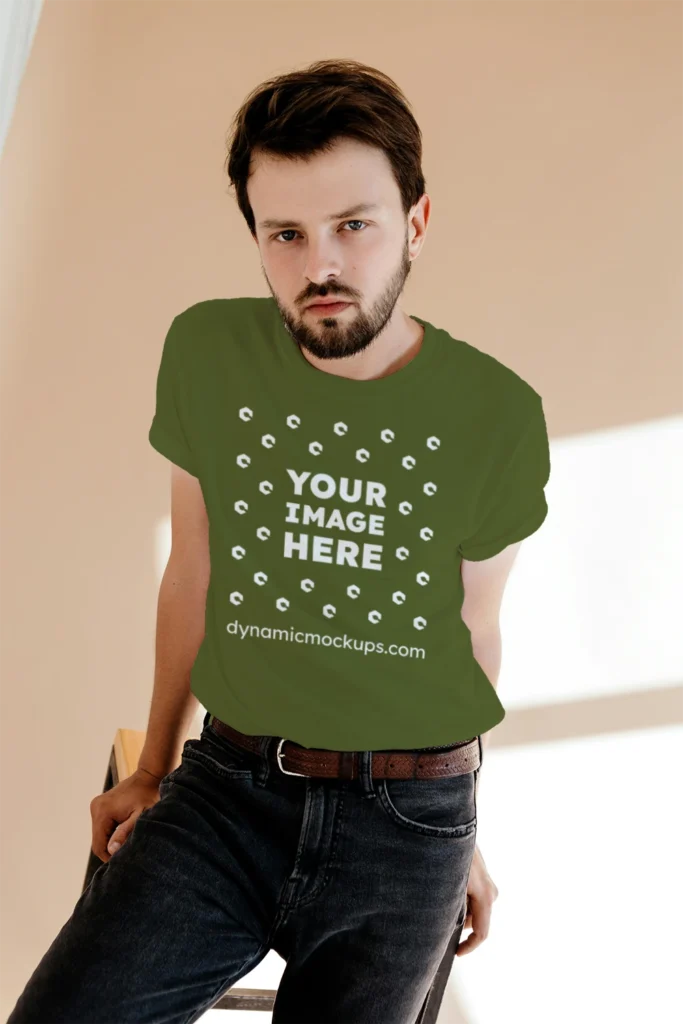 Man Wearing Olive Green T-shirt Mockup Front View Template