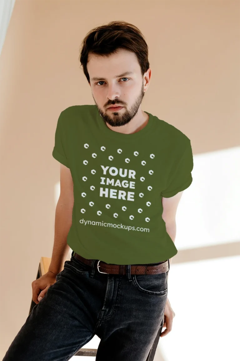 Man Wearing Olive Green T-shirt Mockup Front View Template