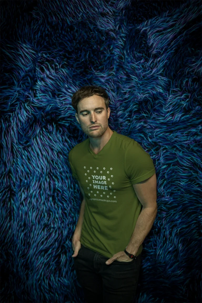 Man Wearing Olive Green T-shirt Mockup Front View Template