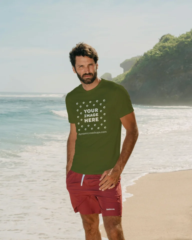 Man Wearing Olive Green T-shirt Mockup Front View Template