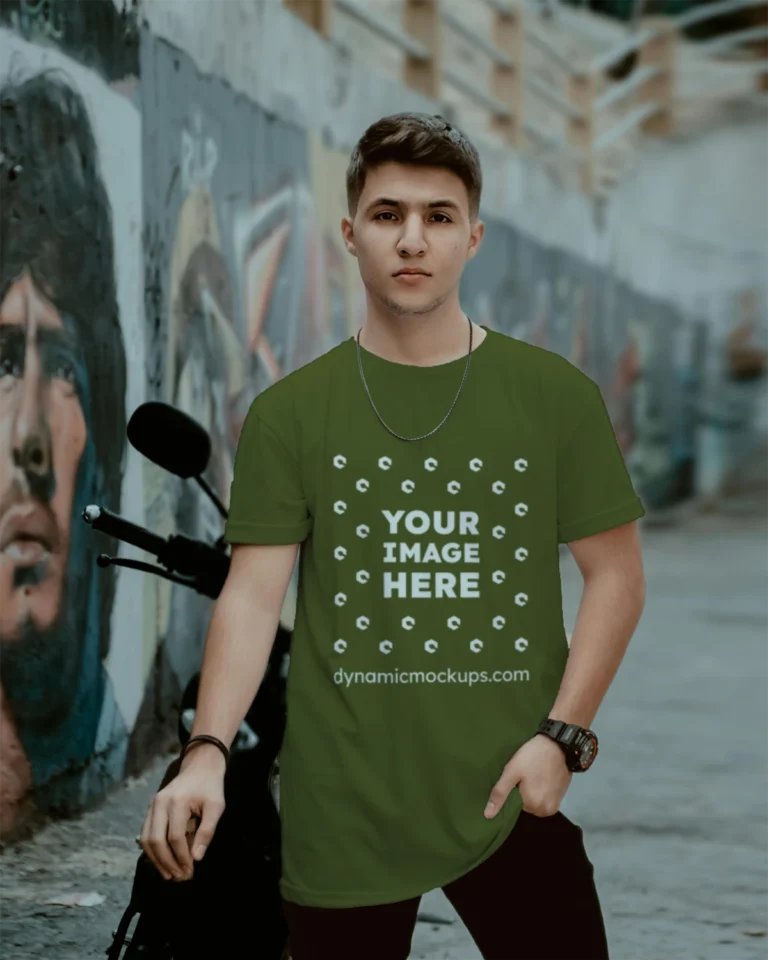 Man Wearing Olive Green T-shirt Mockup Front View Template