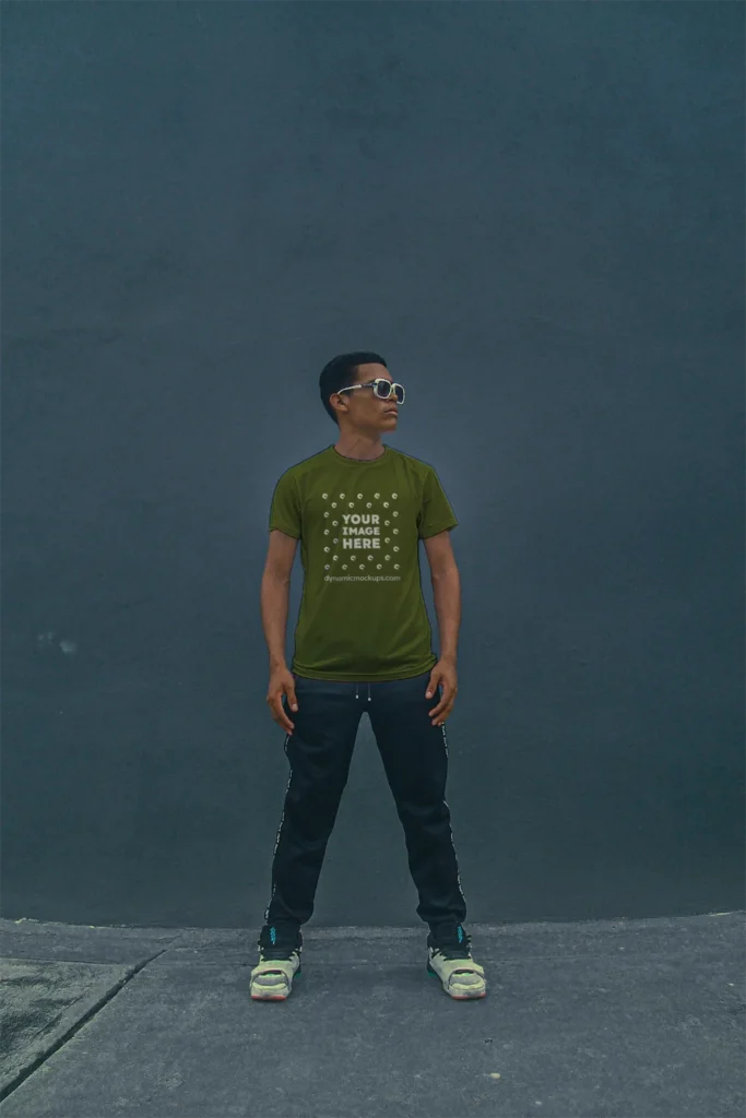 Man Wearing Olive Green T-shirt Mockup Front View Template