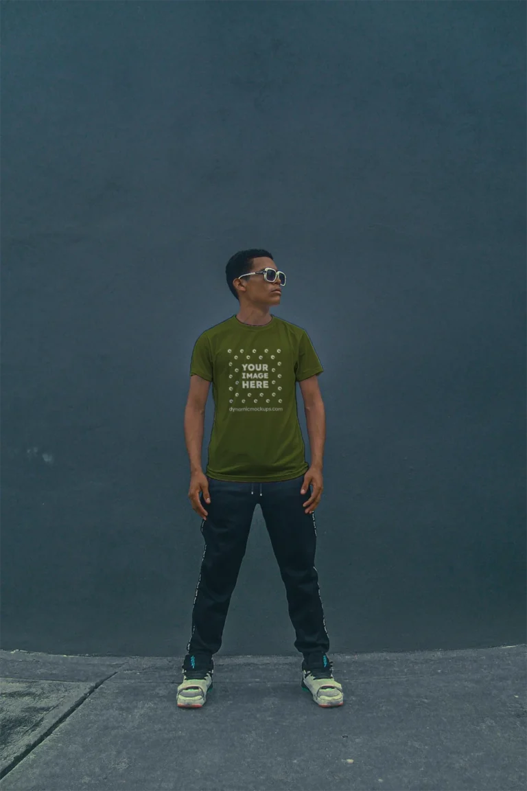 Man Wearing Olive Green T-shirt Mockup Front View Template