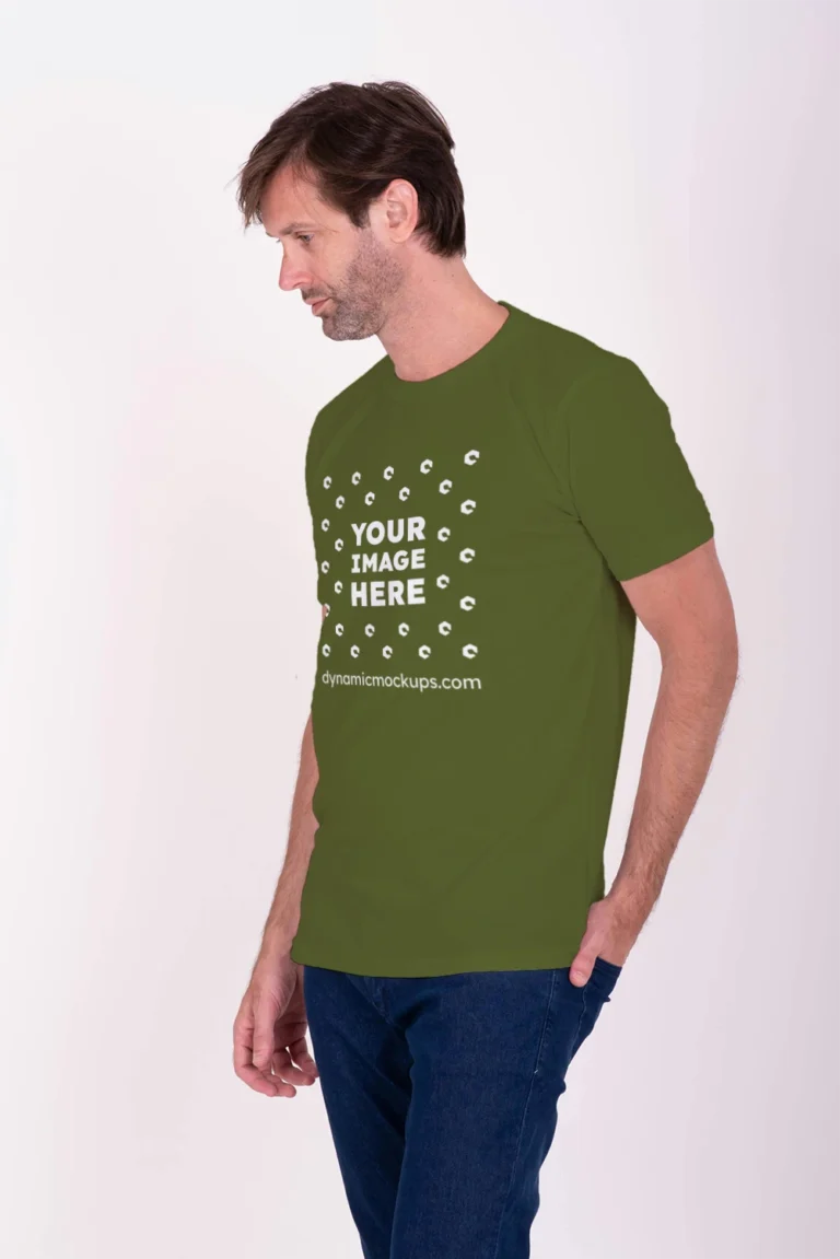 Man Wearing Olive Green T-shirt Mockup Front View Template
