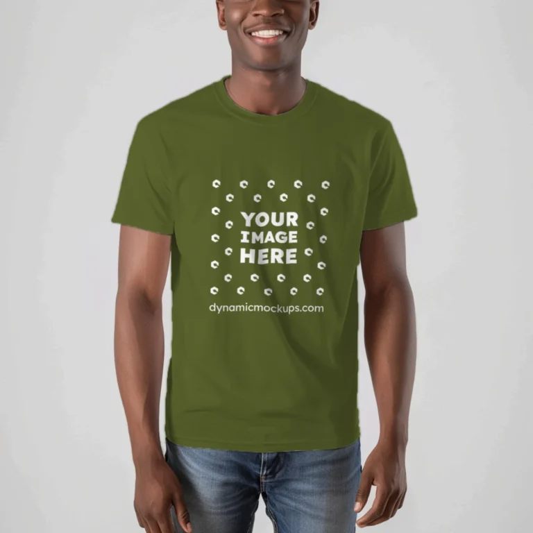 Man Wearing Olive Green T-shirt Mockup Front View Template