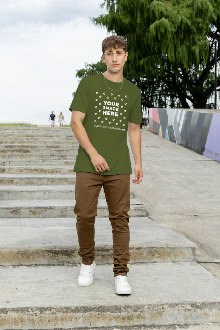 Man Wearing Olive Green T-shirt Mockup Front View Template