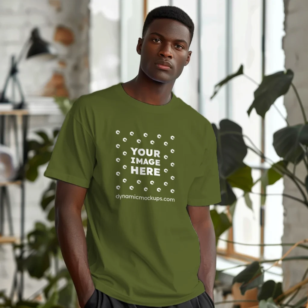 Man Wearing Olive Green T-shirt Mockup Front View Template