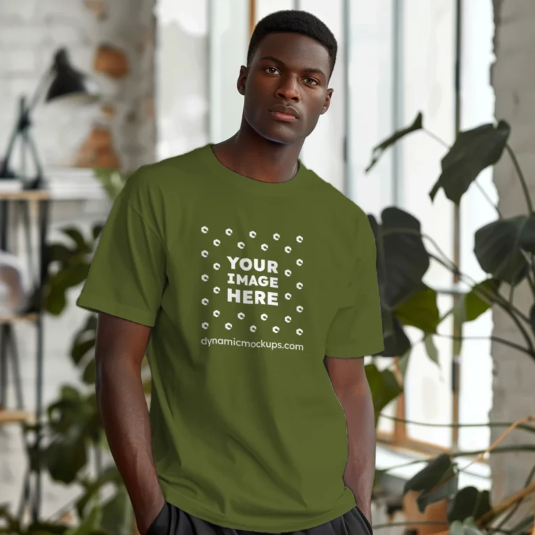 Man Wearing Olive Green T-shirt Mockup Front View Template