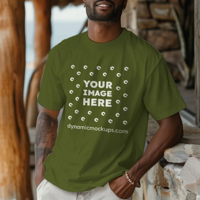 Man Wearing Olive Green T-shirt Mockup Front View Template