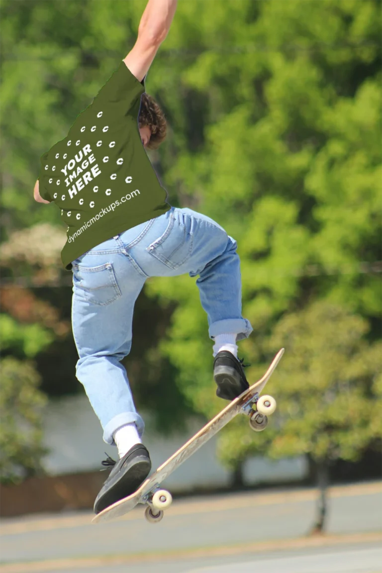 Man Wearing Olive Green T-shirt Mockup Back View Template