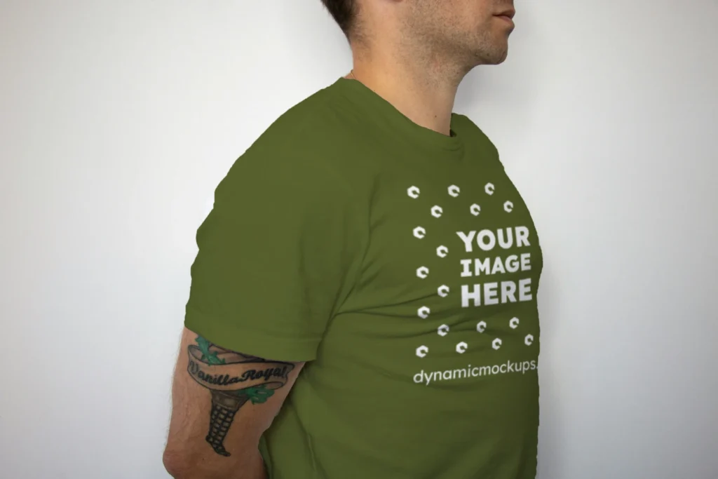 Man Wearing Olive Green T-shirt Mockup Front View Template