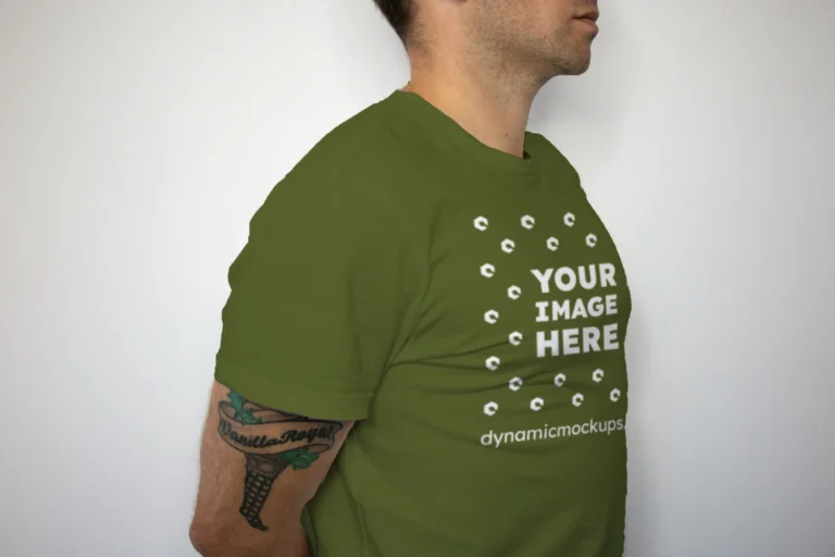 Man Wearing Olive Green T-shirt Mockup Front View Template