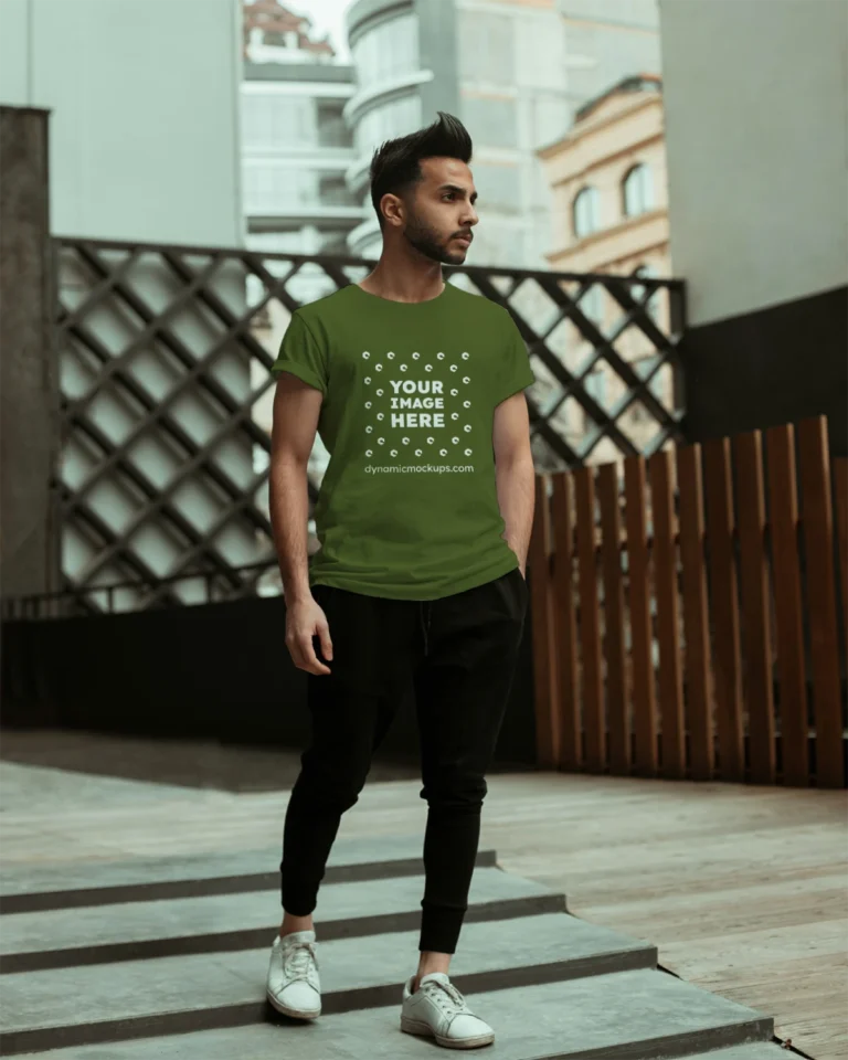 Man Wearing Olive Green T-shirt Mockup Front View Template