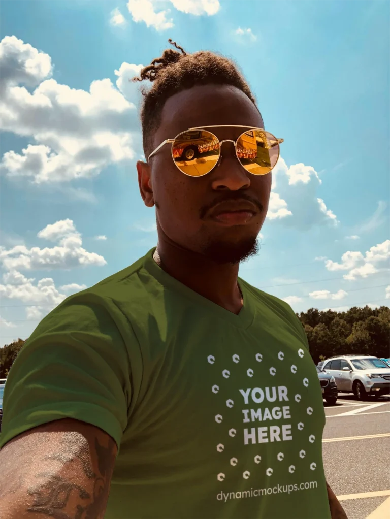 Man Wearing Olive Green T-shirt Mockup Front View Template