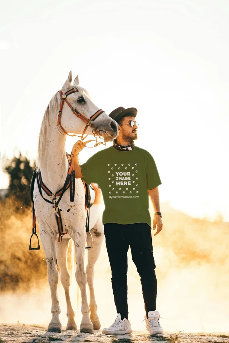 Man Wearing Olive Green T-shirt Mockup Front View Template