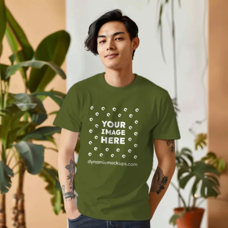 Man Wearing Olive Green T-shirt Mockup Front View Template