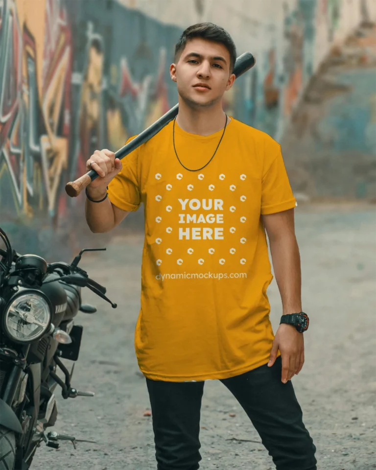 Man Wearing Orange T-shirt Mockup Front View Template