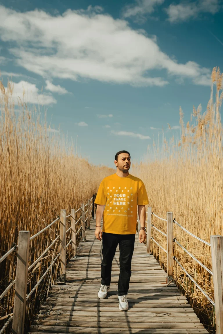Man Wearing Orange T-shirt Mockup Front View Template