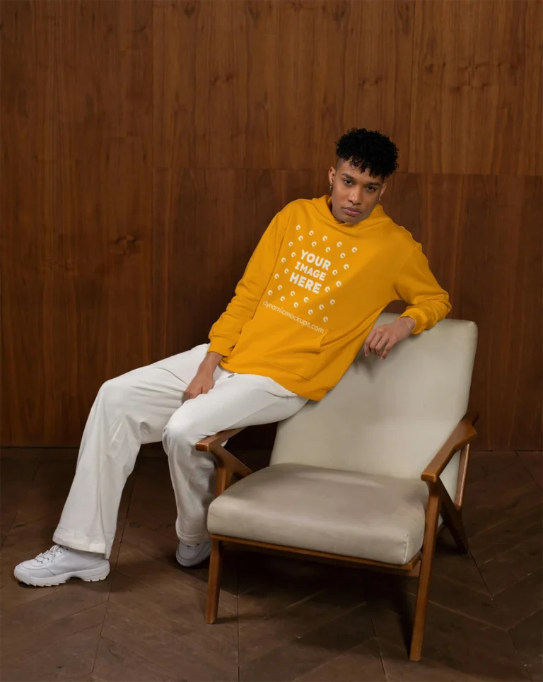 Man Wearing Orange Hoodie Mockup Front View Template