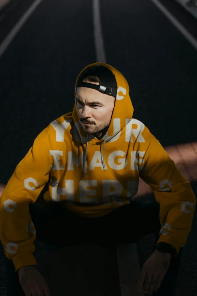 Man Wearing Orange Hoodie Mockup Front View Template