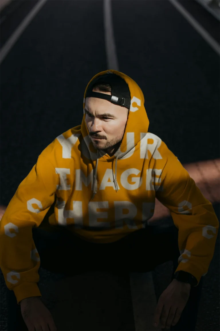 Man Wearing Orange Hoodie Mockup Front View Template