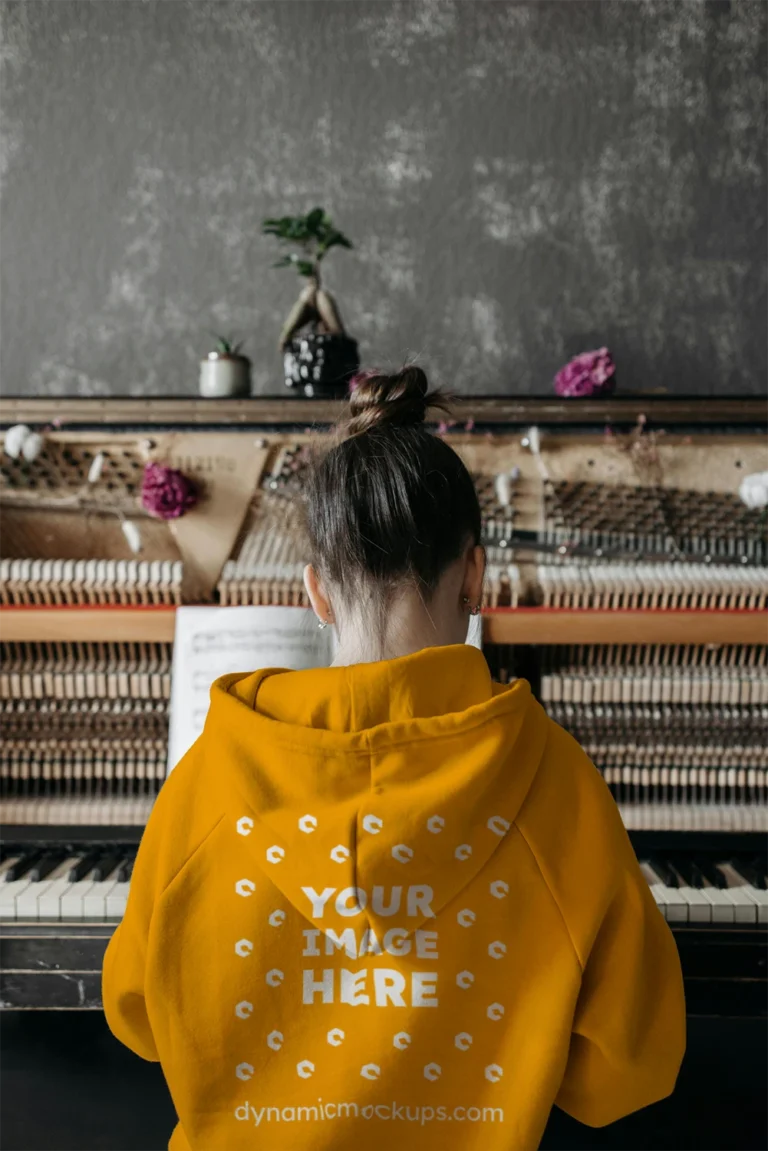 Man Wearing Orange Hoodie Mockup Back View Template
