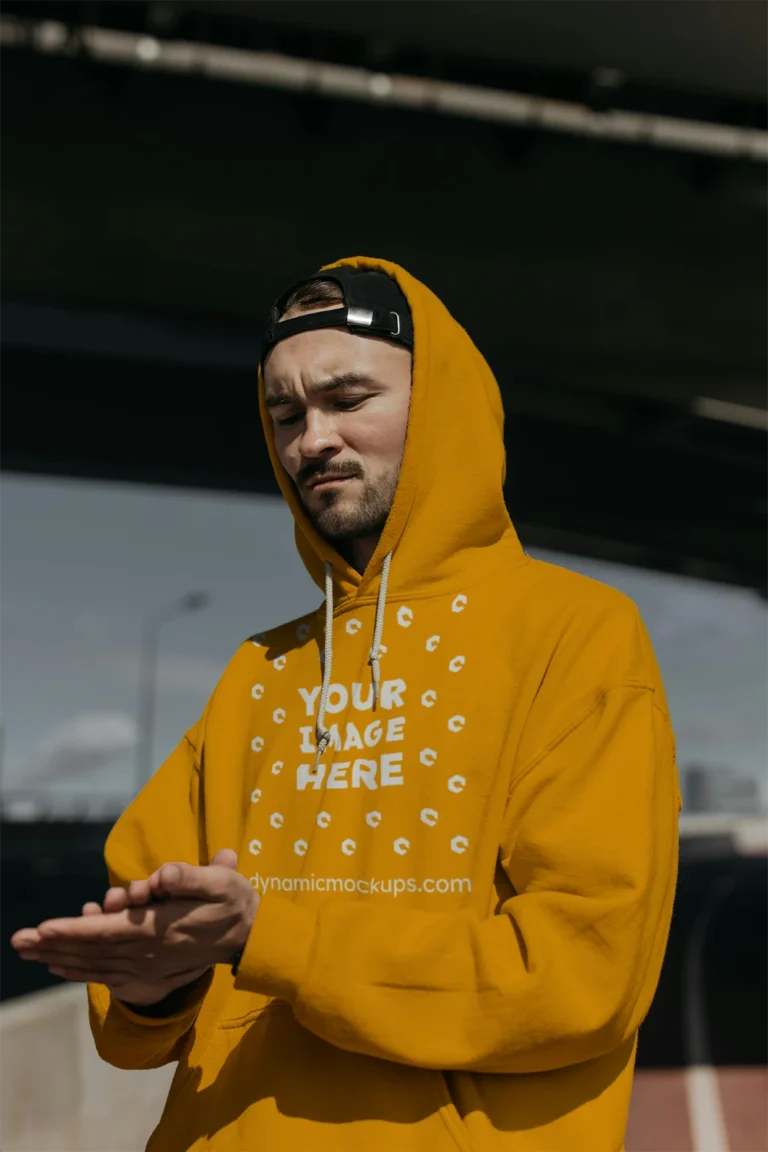 Man Wearing Orange Hoodie Mockup Front View Template