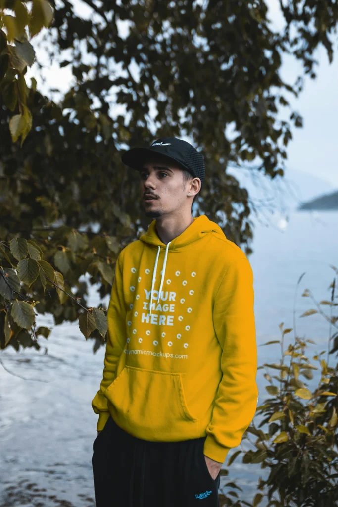 Man Wearing Orange Hoodie Mockup Front View Template