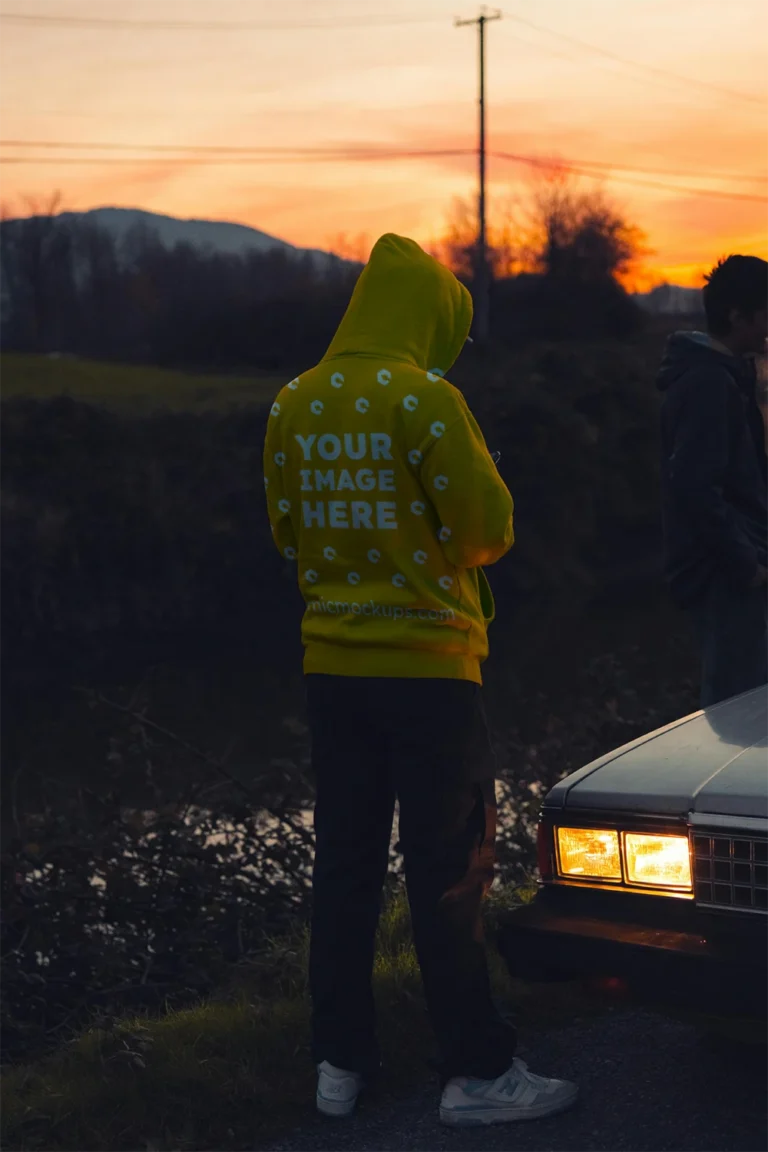Man Wearing Orange Hoodie Mockup Back View Template