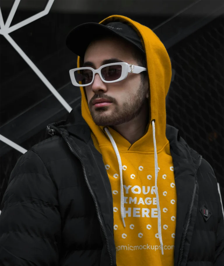 Man Wearing Orange Hoodie Mockup Front View Template