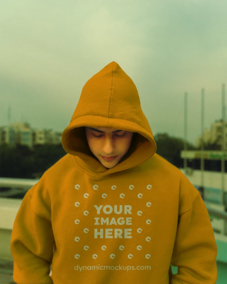 Man Wearing Orange Hoodie Mockup Front View Template