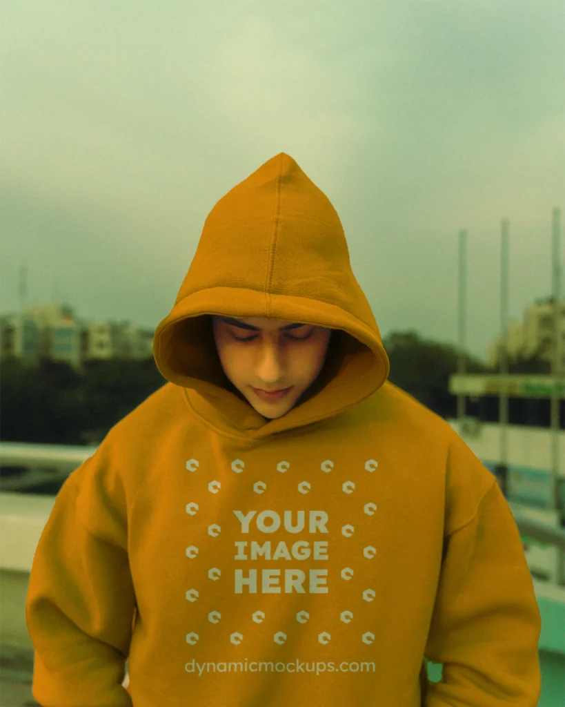 Man Wearing Orange Hoodie Mockup Front View Template