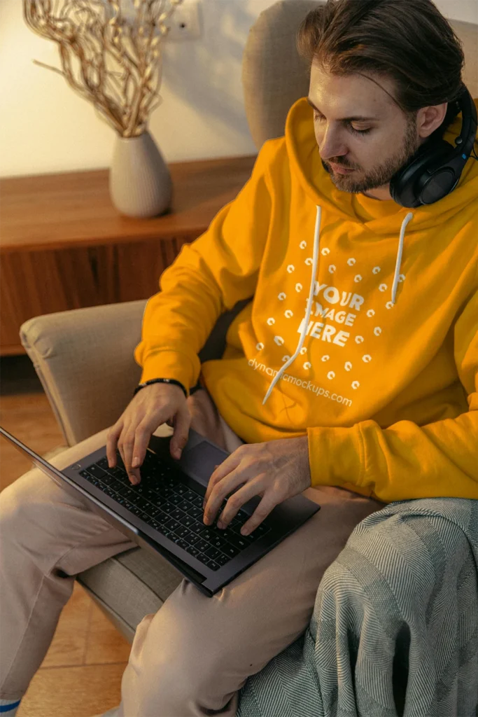 Man Wearing Orange Hoodie Mockup Front View Template