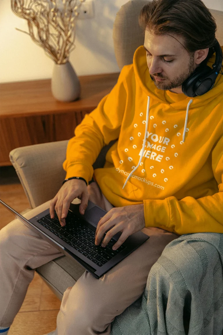 Man Wearing Orange Hoodie Mockup Front View Template