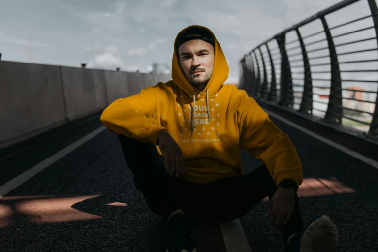 Man Wearing Orange Hoodie Mockup Front View Template