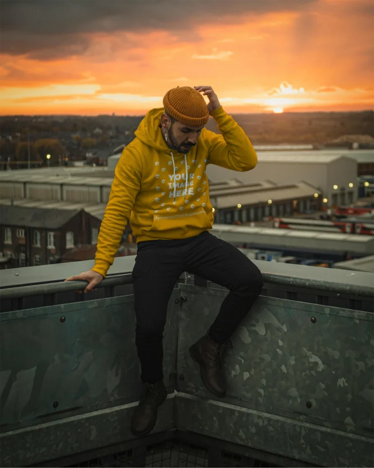 Man Wearing Orange Hoodie Mockup Front View Template