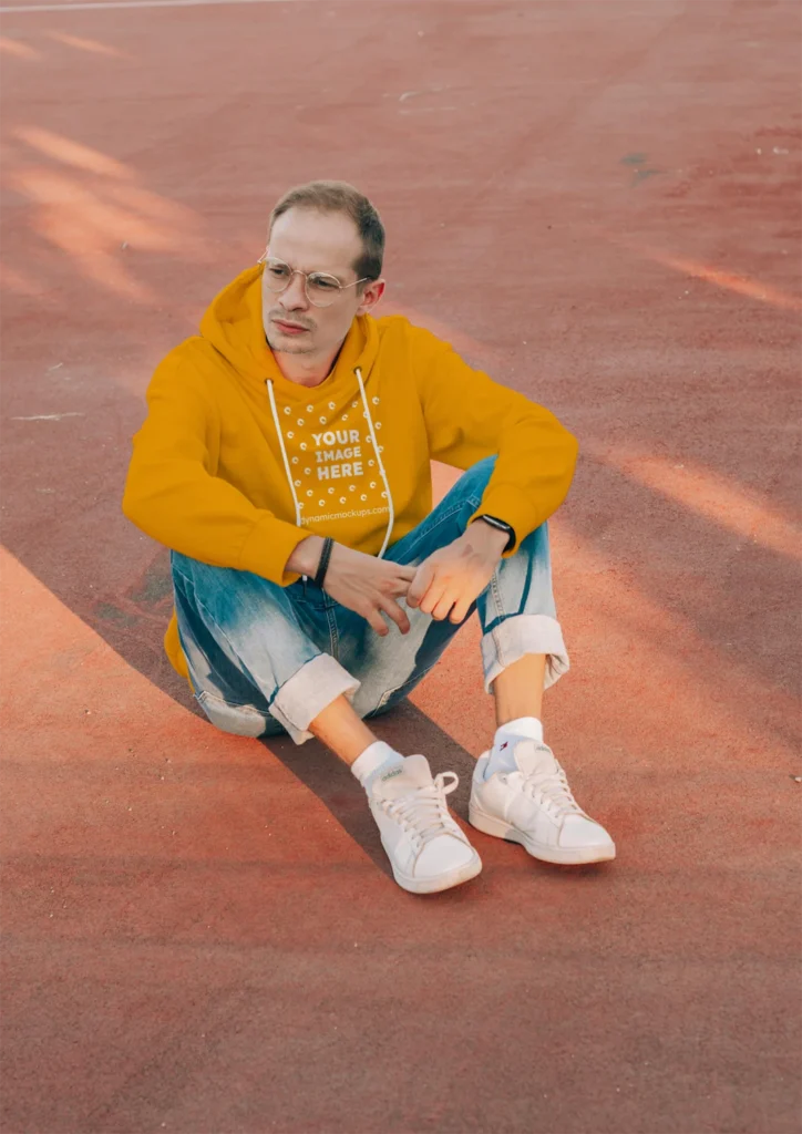 Man Wearing Orange Hoodie Mockup Front View Template