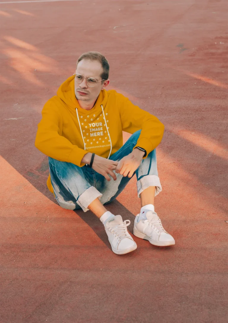 Man Wearing Orange Hoodie Mockup Front View Template