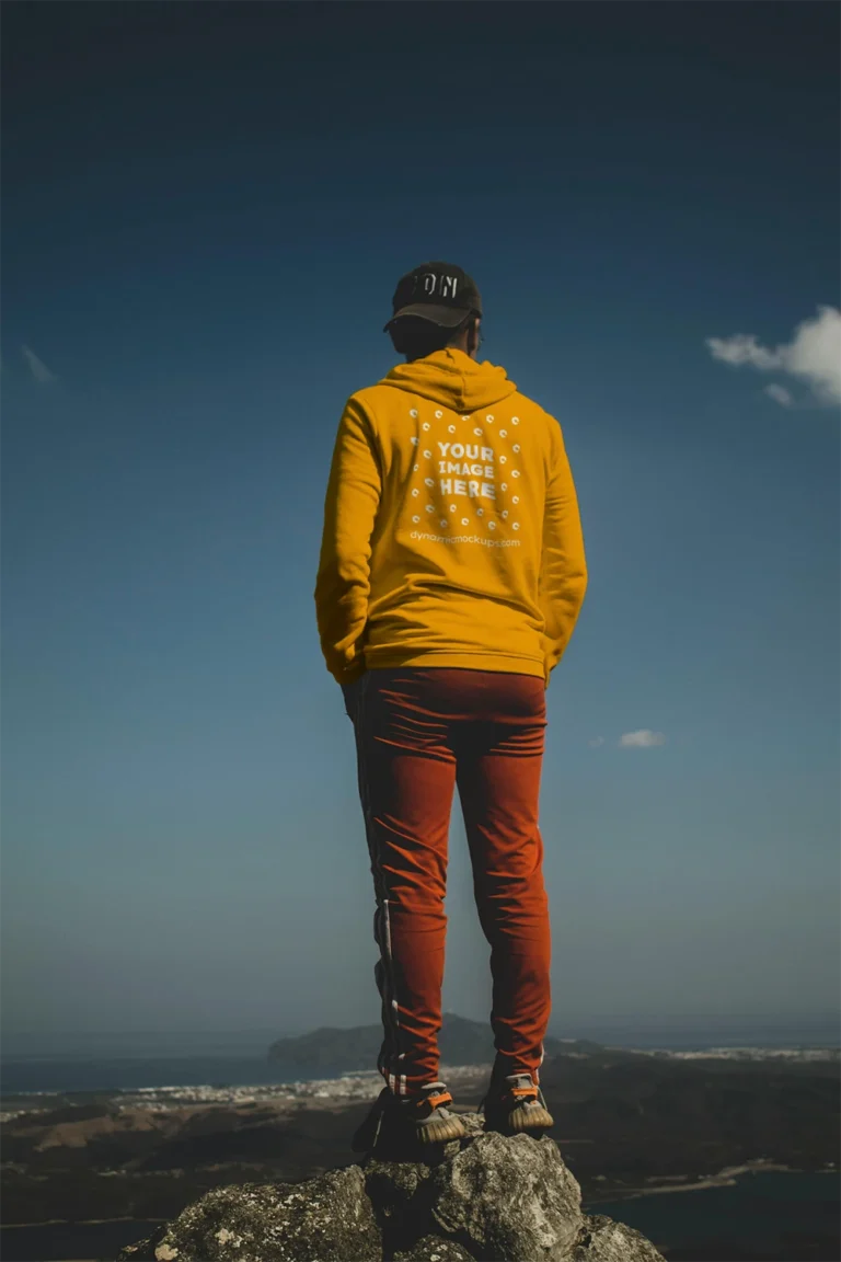 Man Wearing Orange Hoodie Mockup Back View Template