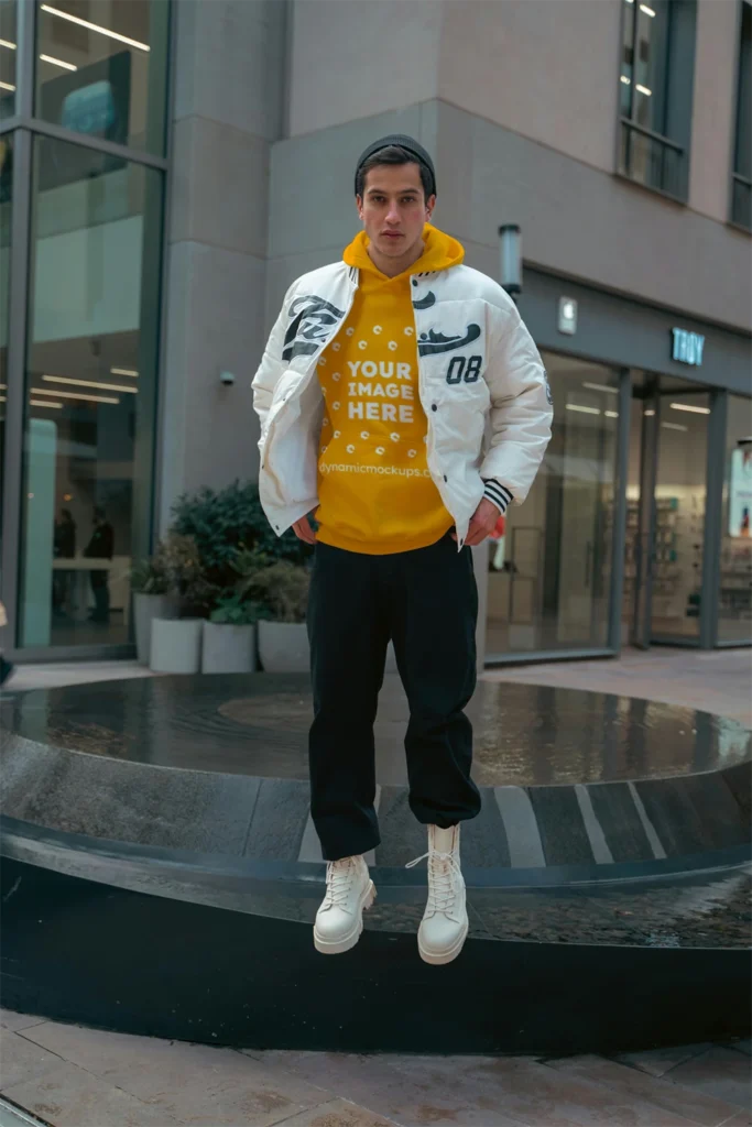 Man Wearing Orange Hoodie Mockup Front View Template