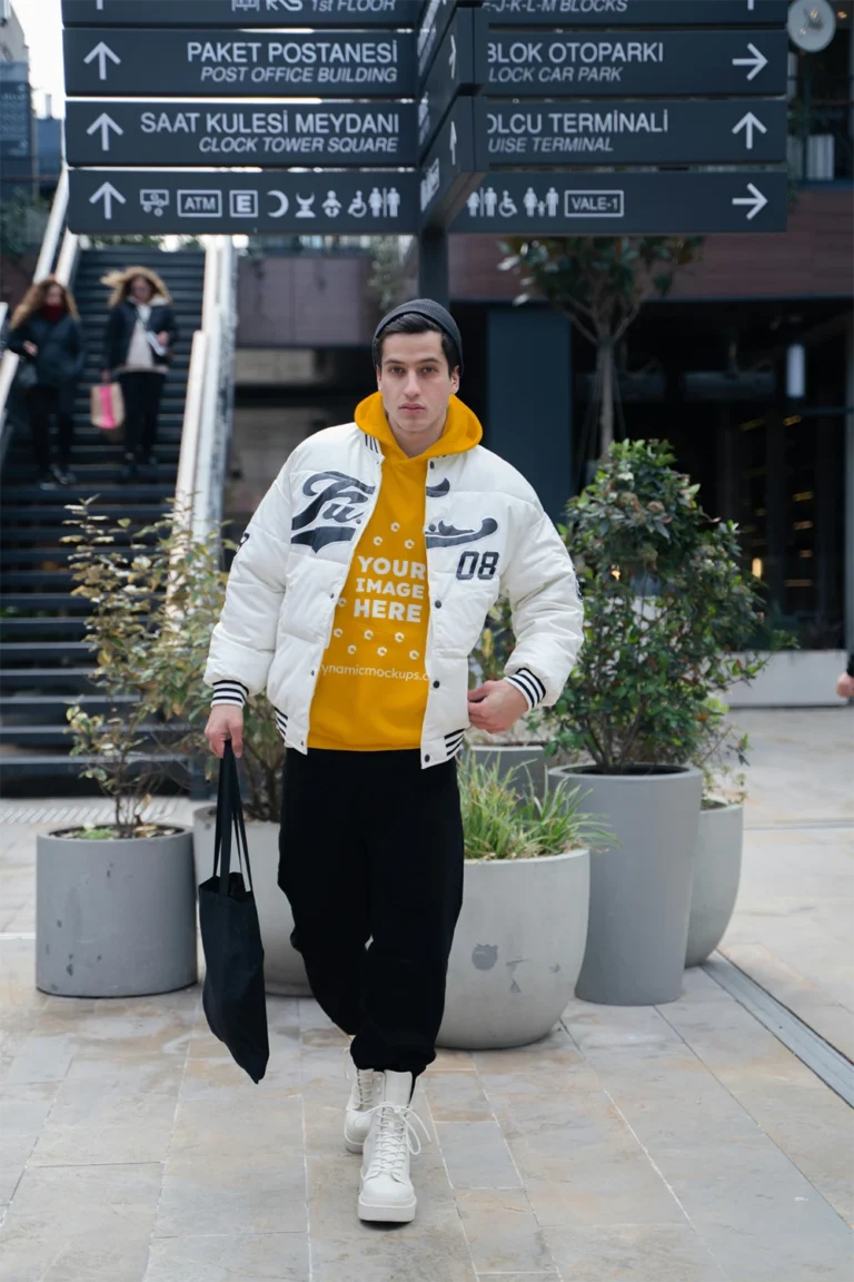 Man Wearing Orange Hoodie Mockup Front View Template