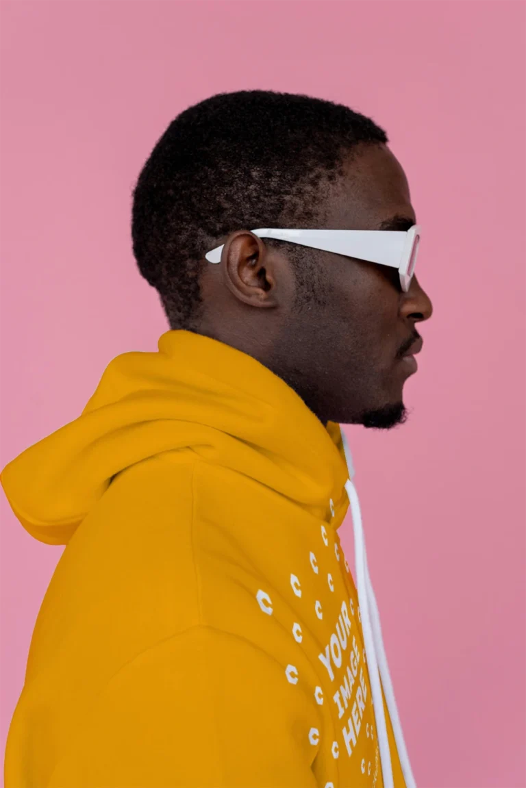 Man Wearing Orange Hoodie Mockup Side View Template