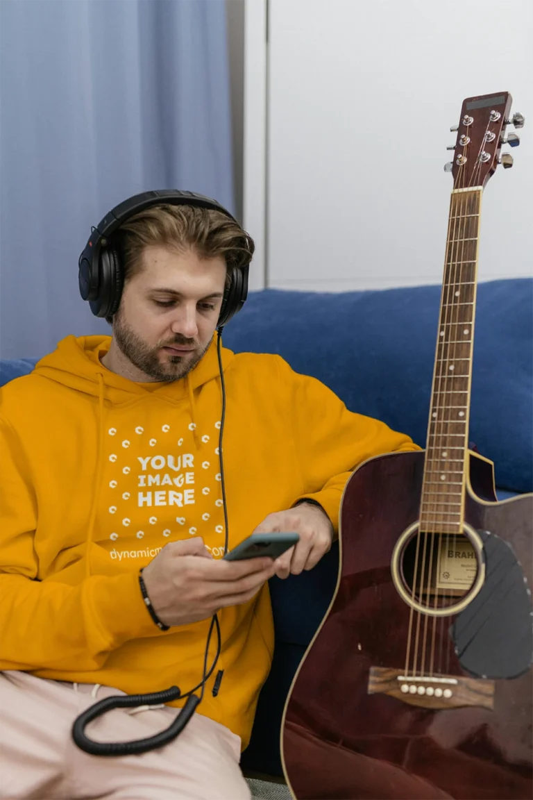 Man Wearing Orange Hoodie Mockup Front View Template