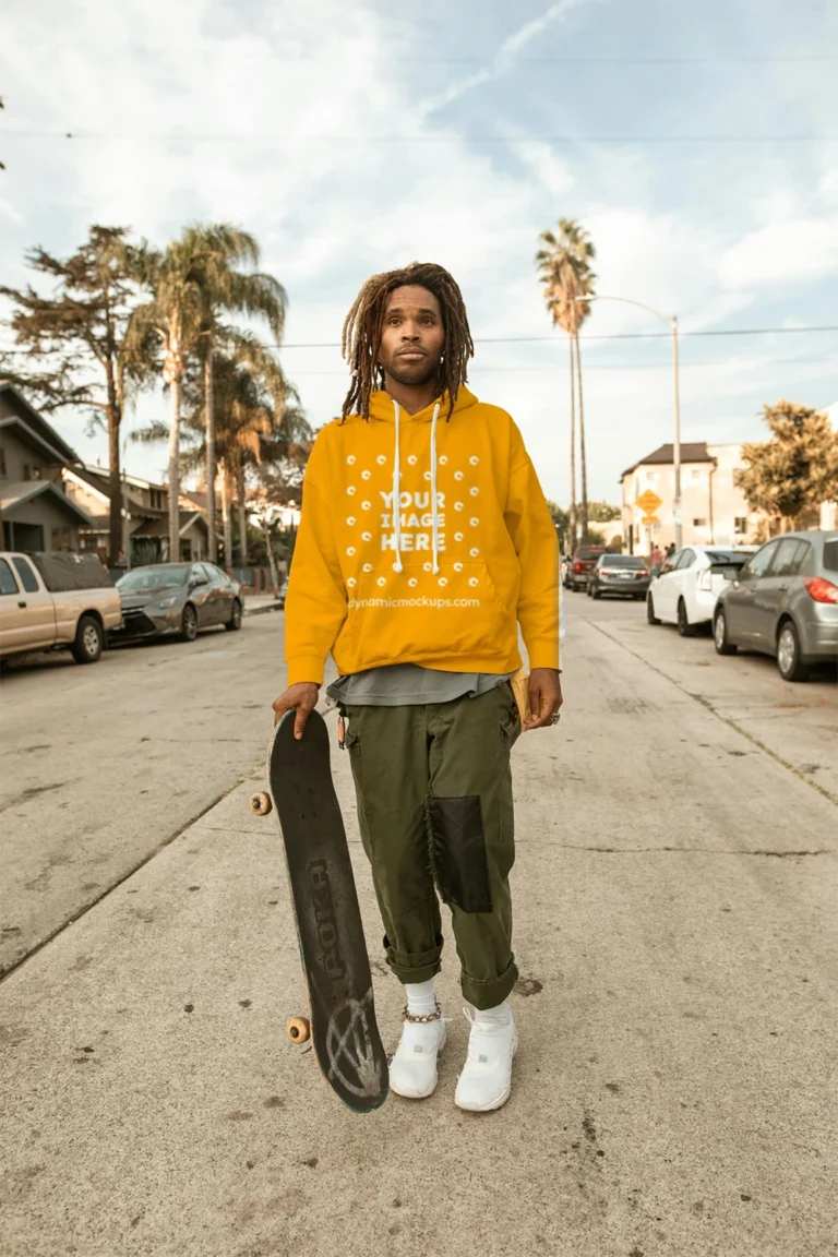 Man Wearing Orange Hoodie Mockup Front View Template